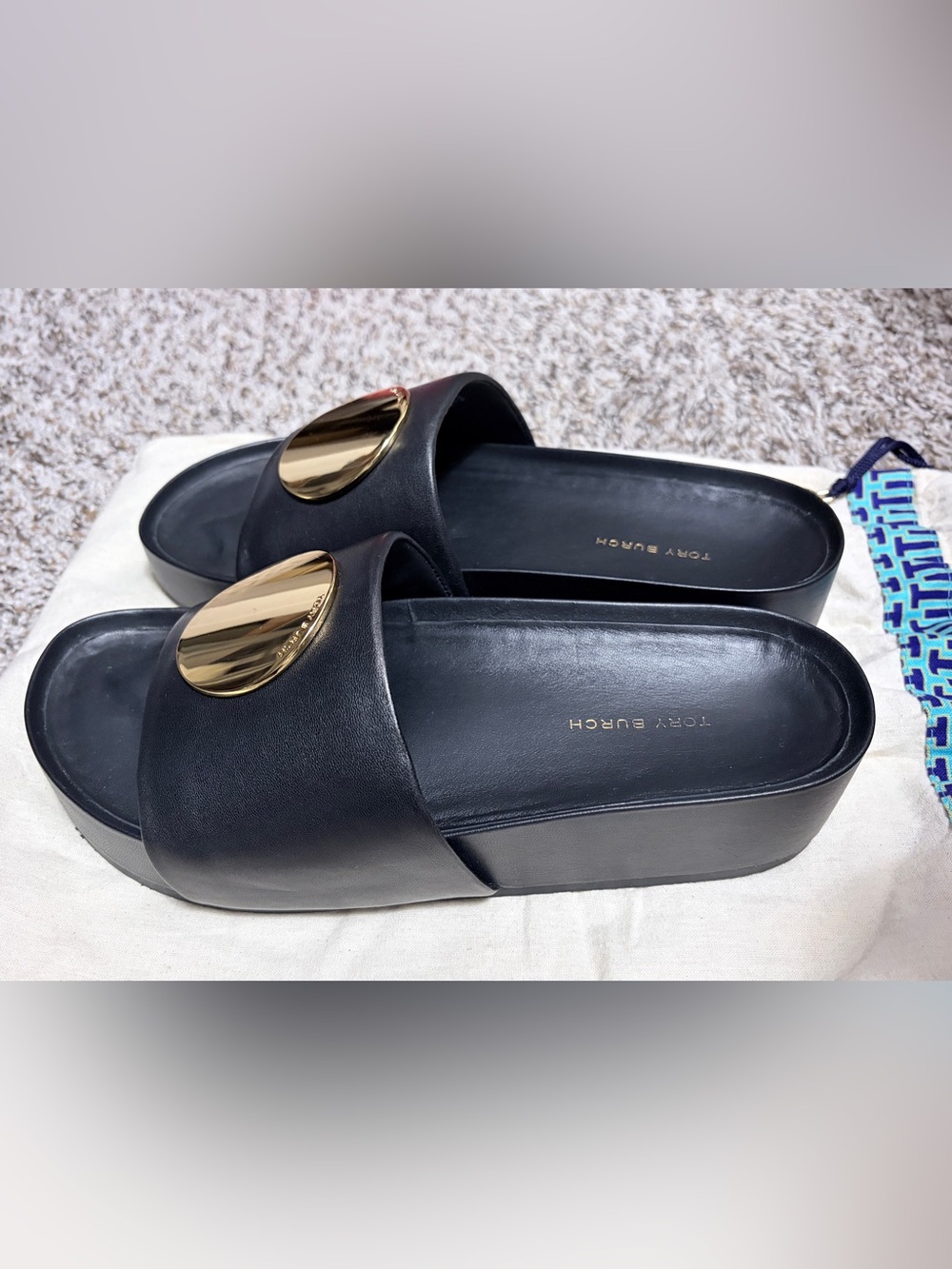 Tory Burch Black Wedge Slide Mules with Gold Medallion Size 8.5